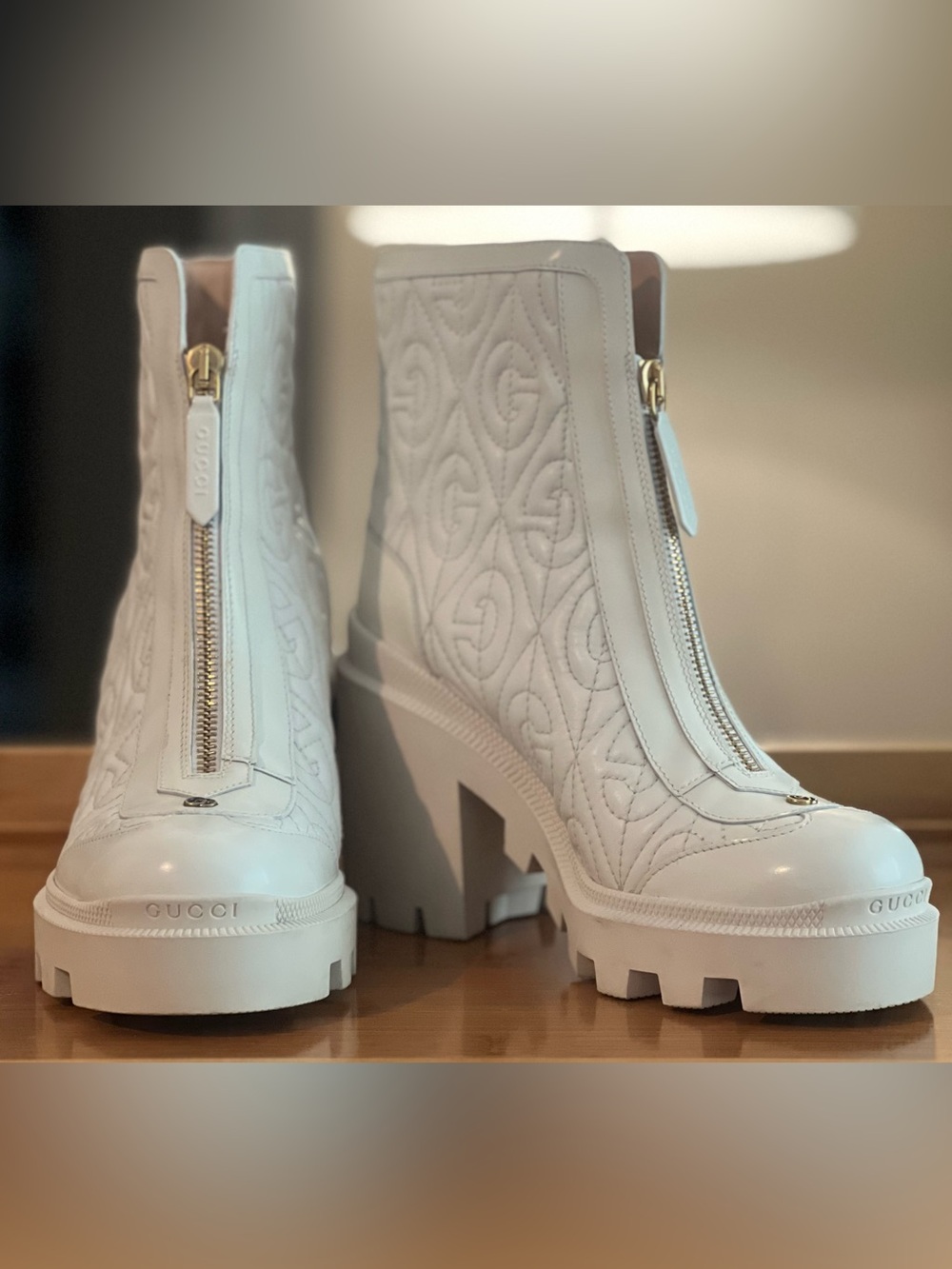 Gucci Rhombus Quilted Leather Ankle Boots in Great White Size 36